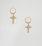 Asos Design Hoop Earrings In Gold Plated Sterling Silver With Vintage Style Ornate Cross Charms - Gold