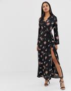 Prettylittlething Wrap Maxi Dress In Floral Print - Black
