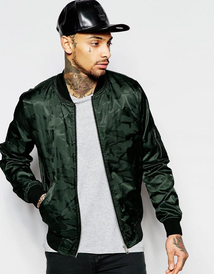 Asos Bomber Jacket In Camo Print - Khaki