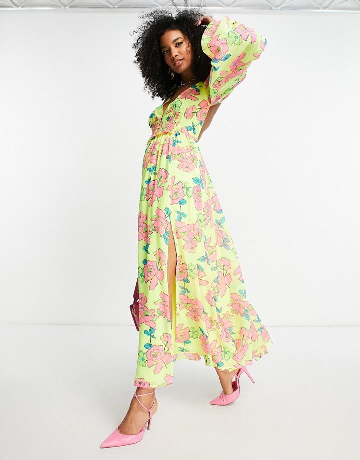 Asos Design Soft Shirred Waist Open Back Maxi Dress In Yellow Floral-multi
