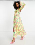 Asos Design Soft Shirred Waist Open Back Maxi Dress In Yellow Floral-multi