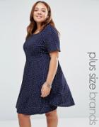 Yumi Plus Dress With Tie Back In Polka Dot Print - Navy