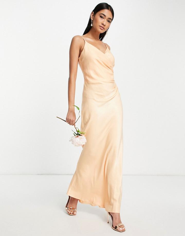 Vila Bridesmaid Cami Maxi Dress With Ruching In Apricot Satin-orange