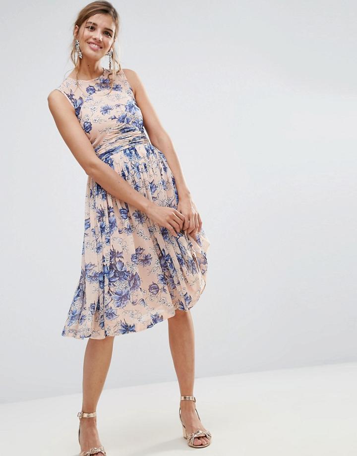 Asos Premium Midi Dress With Ruched Panel Detail In Pretty Floral Print - Multi