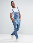 Asos Denim Overalls With Retro Front Pocket In Mid Blue - Blue