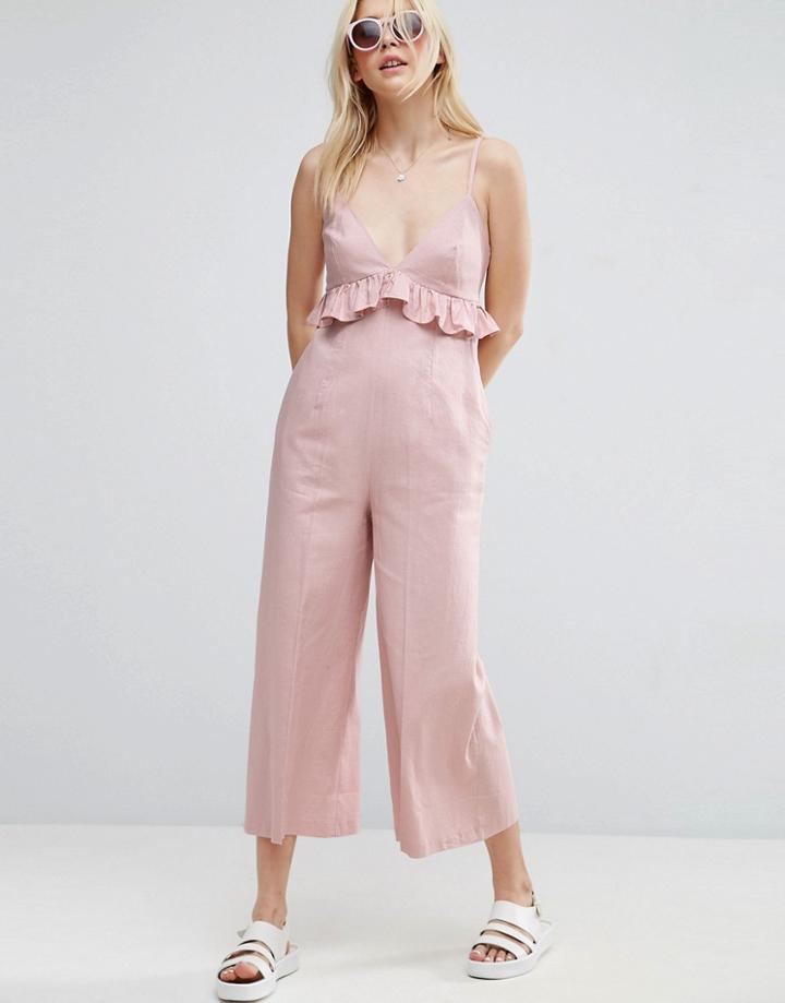 Asos Linen Ruffle Cami Jumpsuit - Pink