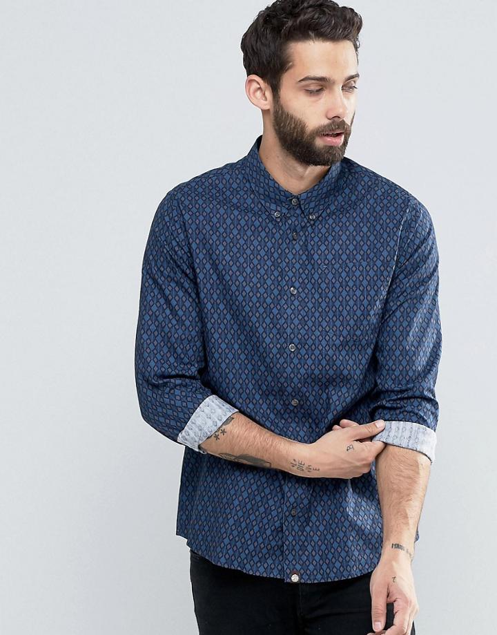 Pretty Green Shirt With Diamond Print In Slim Fit Navy - Navy