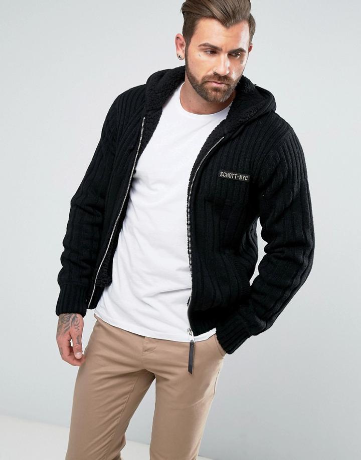 Schott Full Zip Knit Hoodie Fleece Lined Slim Fit In Black - Black