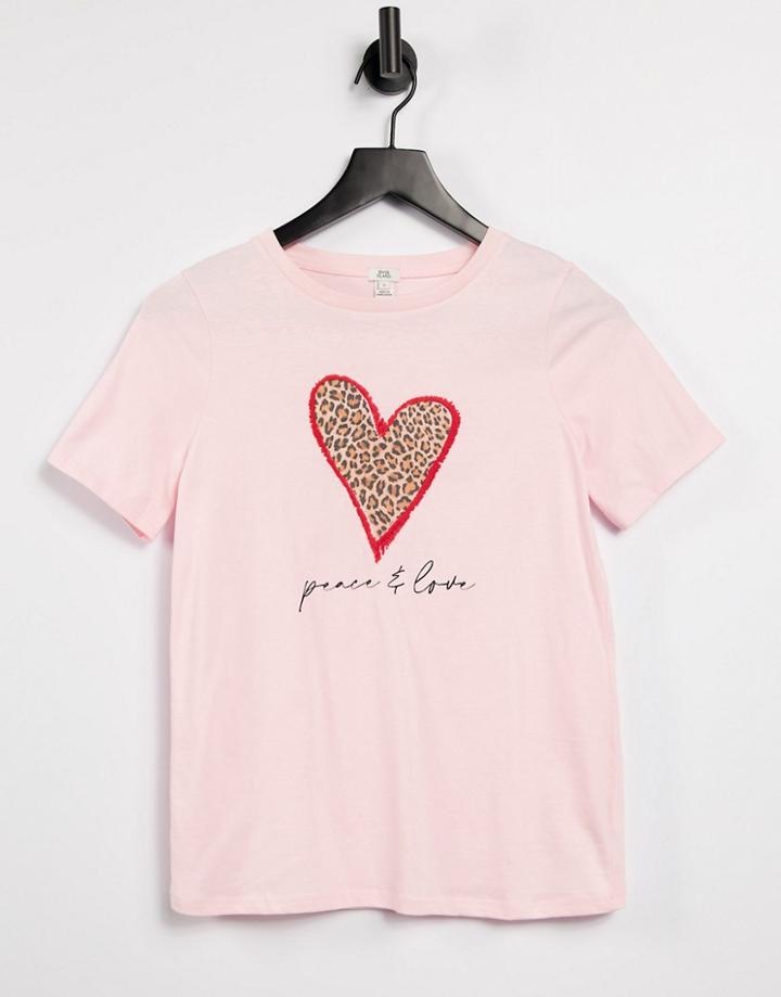 River Island Leopard Heart Graphic T-shirt In Pink
