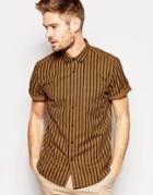 Asos Stripe Shirt In Camel With Short Sleeves In Regular Fit - Camel
