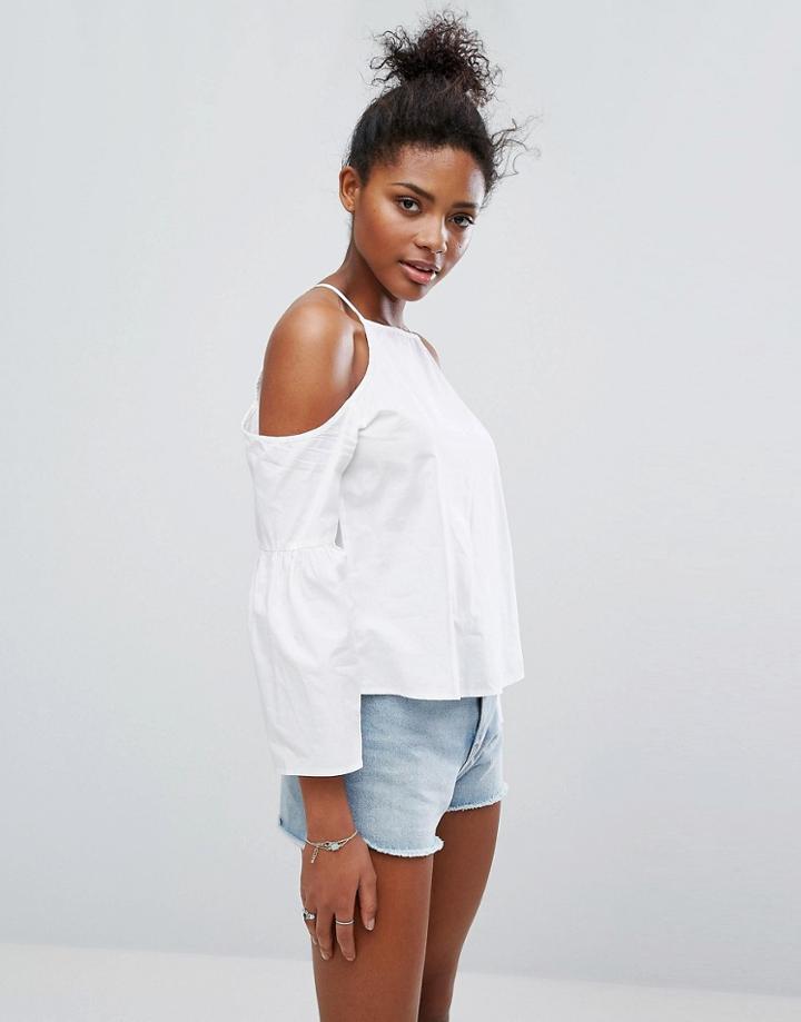 Only Cold Shoulder Stripe Bell Sleeve Top - White