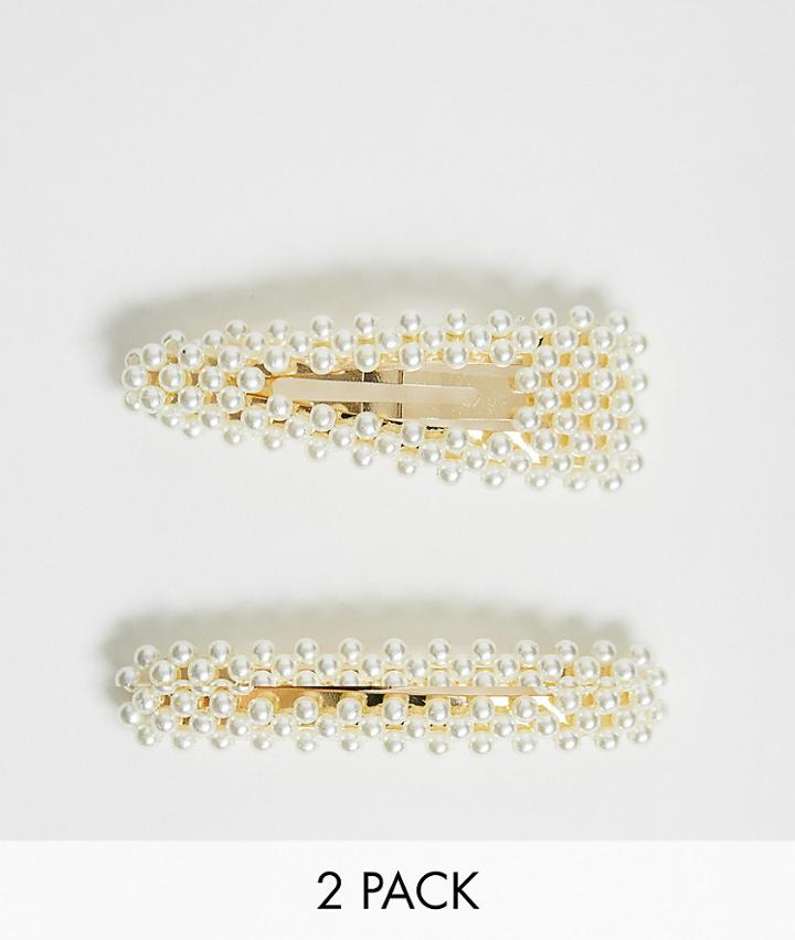 Asos Design Pack Of 2 Large Pearl Snap Hair Clips-gold