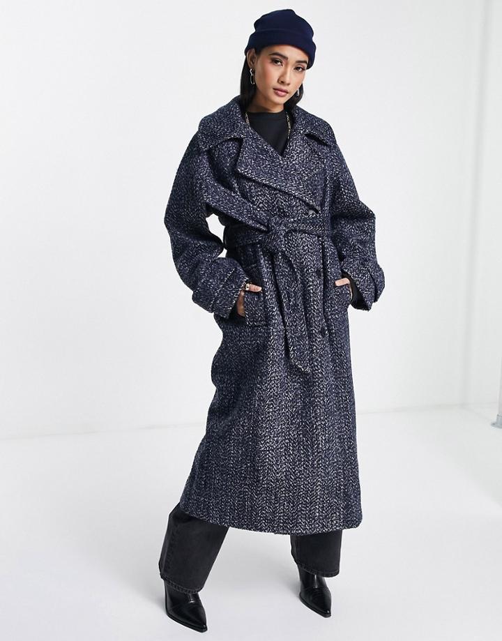 Asos Design Hero Double Breasted Coat In Navy Herringbone