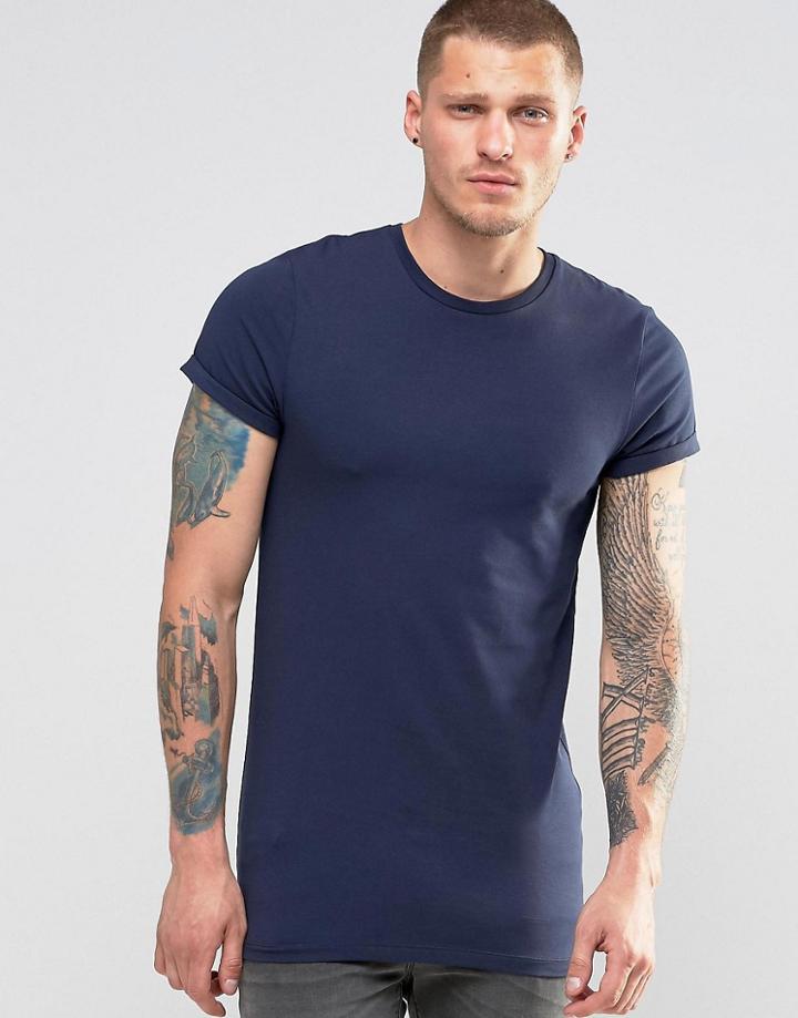 Asos Longline Muscle T-shirt With Roll Sleeve In Navy - Black Iris