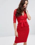 Vesper Wrap Front Lace Pencil Dress With Bow Waist - Red