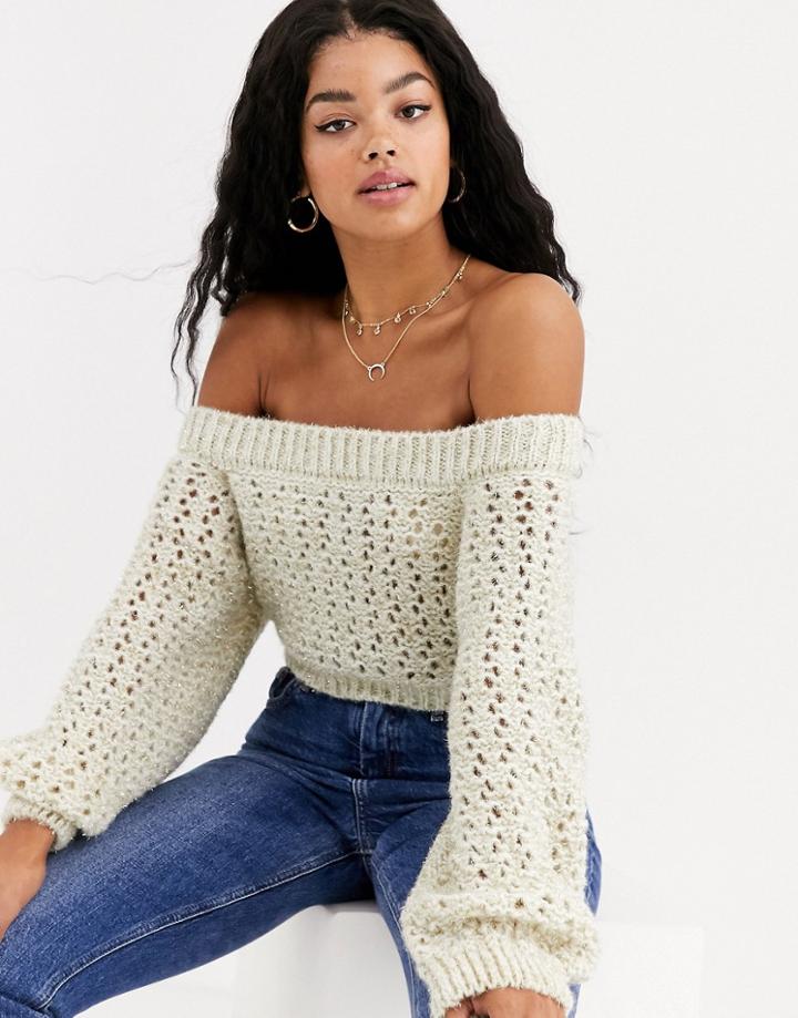 Asos Design Metallic Off Shoulder Sweater With Volume Sleeve-gold