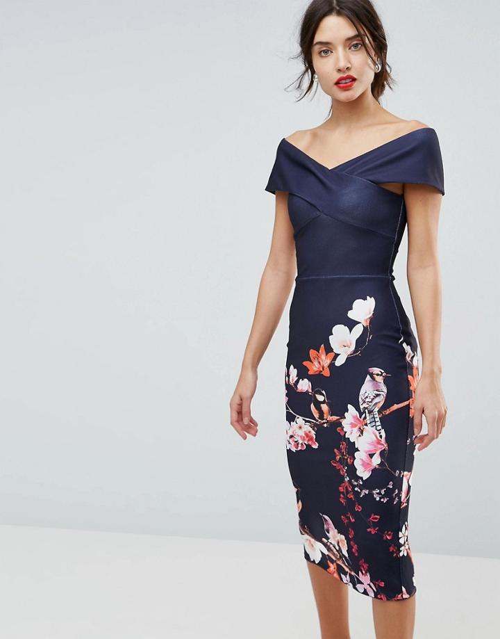 True Violet Cross Over Bodycon Dress In Floral Border Print - Navy
