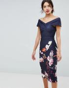 True Violet Cross Over Bodycon Dress In Floral Border Print - Navy