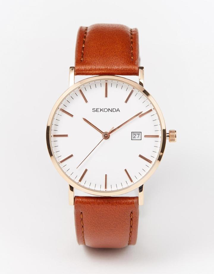 Sekonda Rose Gold Detail Brown Leather Strap Watch - Brown