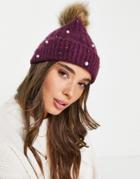 Boardmans Knitted Faux Fur Crystal Pearl Beanie In Berry-red