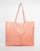Asos Unlined Leather Shopper Bag With Tie Detail - Coral