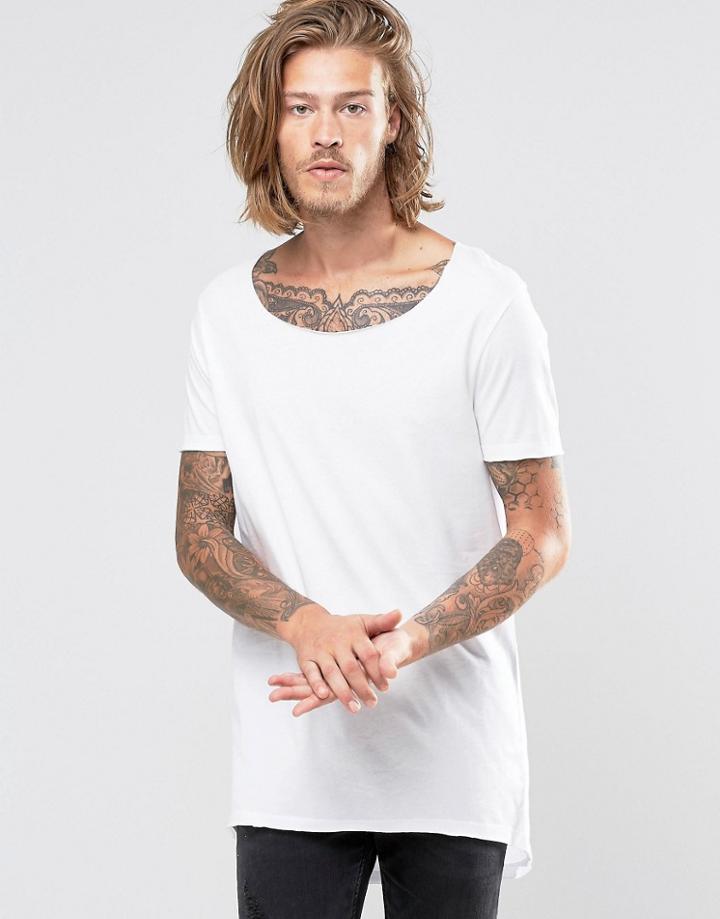 Asos Super Longline T-shirt With Scoop Neck And Circle Hem In White - White
