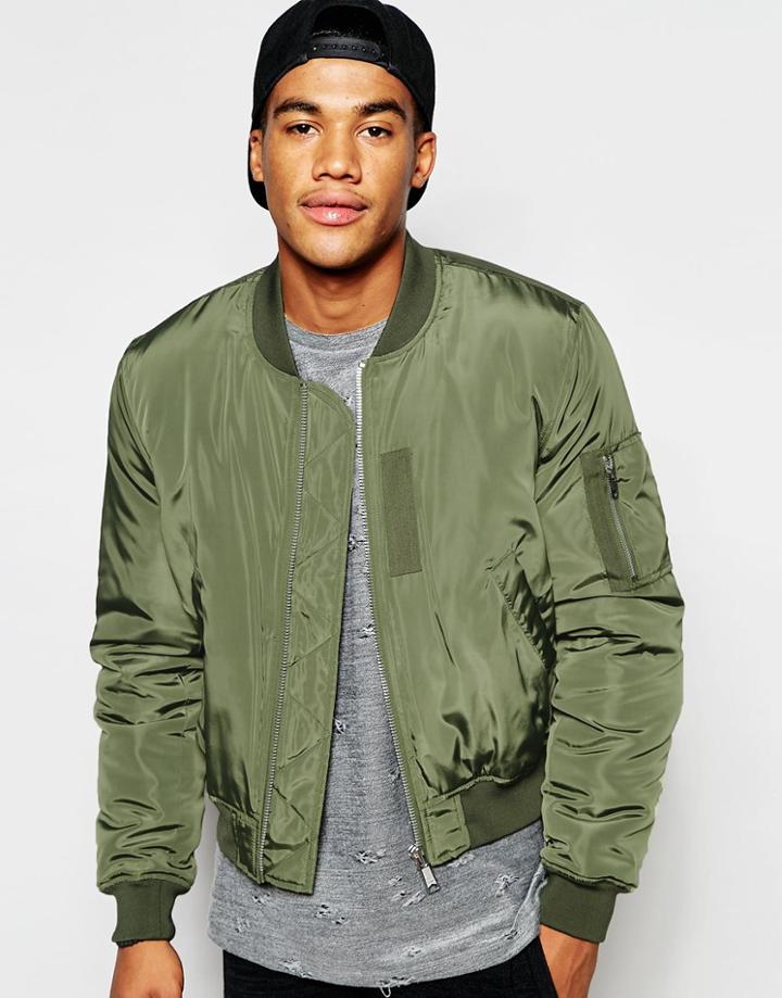 Asos Cropped Bomber Jacket In Khaki - Khaki