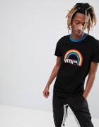 Asos Design Longline T-shirt With Rainbow Print And Contrast Neck - Black