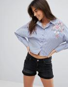 Parisian Cropped Floral Embroidered Shirt - Blue