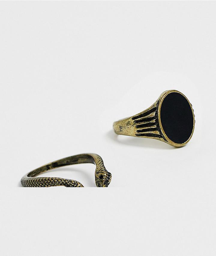 Reclaimed Vintage Inspired Stacked Ring Pack With Stone And Snake Detail In Burnished Gold Exclusive To Asos