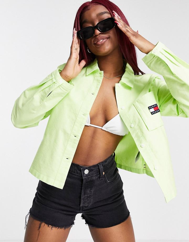 Tommy Jeans Button Down Woven Logo Shirt In Lime-green