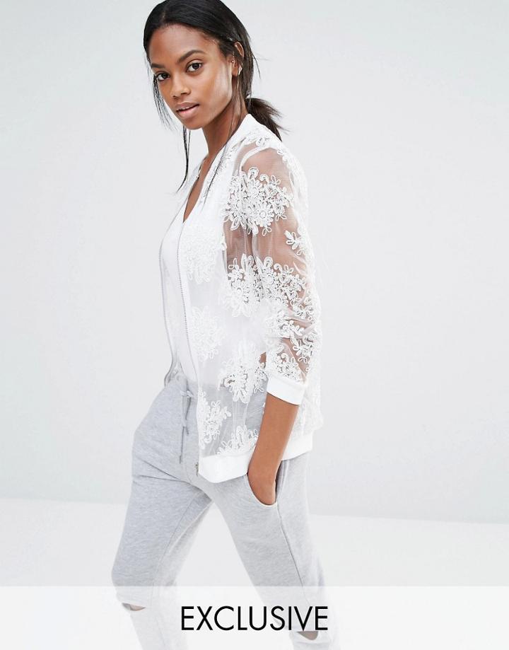 Missguided Exclusive Embroidered Mesh Bomber Jacket - Cream