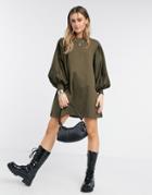 Asos Design Mini Sweatshirt Dress With Puff Sleeves In Khaki-green