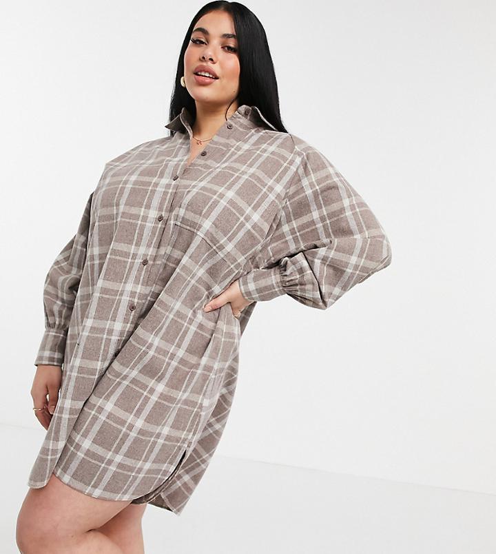Asos Design Curve Oversized Boyfriend Mini Shirt Dress In Beige Check-multi