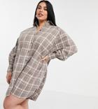Asos Design Curve Oversized Boyfriend Mini Shirt Dress In Beige Check-multi