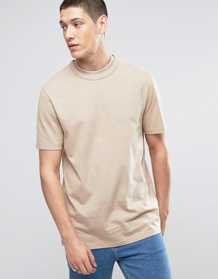 Asos Longline T-shirt In Heavyweight Jersey With Double Neck Detail In Beige - Beige