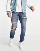 Asos Design Stretch Slim Jeans In Dark Wash With Extreme Rips-blues
