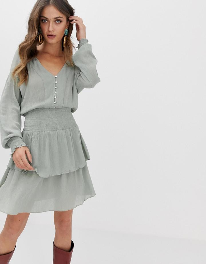 Stradivarius Str V Neck Shirred Waist Dress-blue