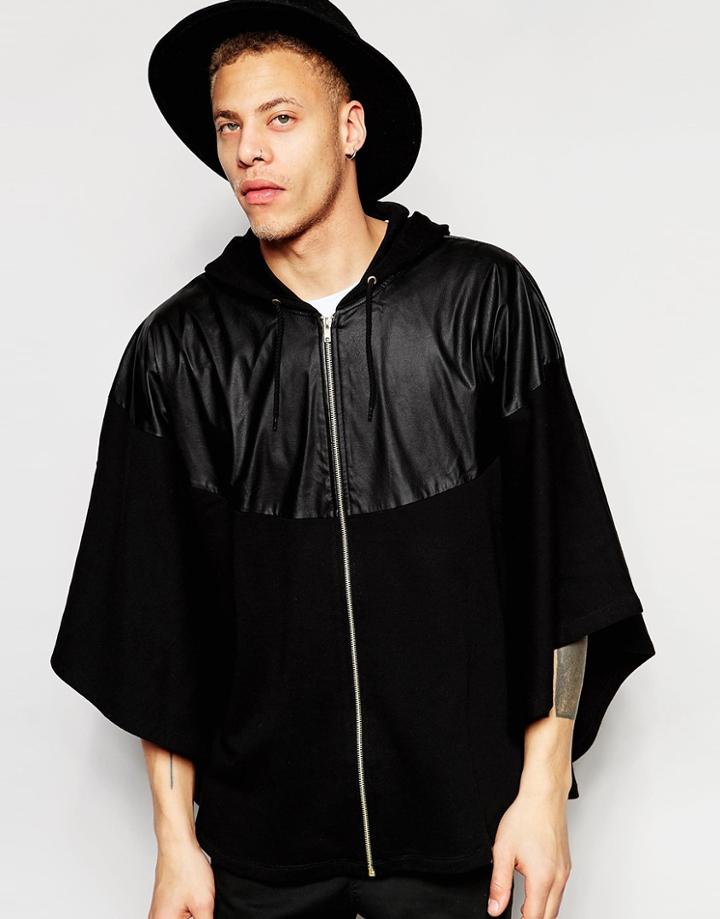 Asos Oversized Zip Up Hooded Cape With Faux Leather Panel - Black