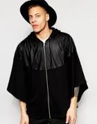 Asos Oversized Zip Up Hooded Cape With Faux Leather Panel - Black
