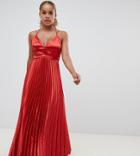 Asos Design Petite Pleated Satin Ruffle Waist Maxi Dress-red