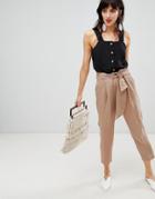 Mango Linen Mix Tie Wasted Pants In Beige - Red