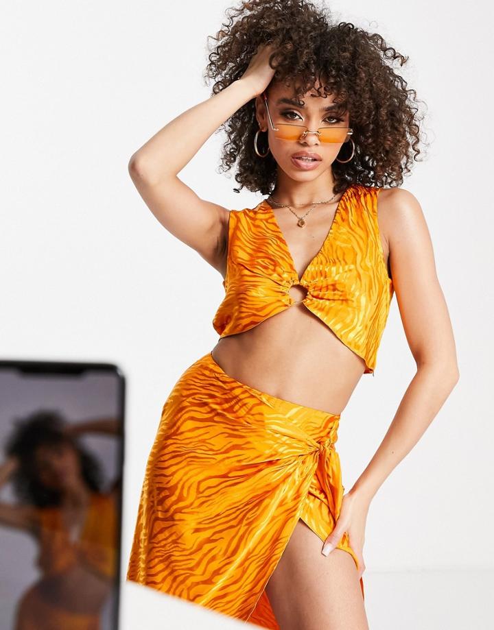 Asos Design Ring Detail Cami Top In Orange Satin Jacquard - Part Of A Set