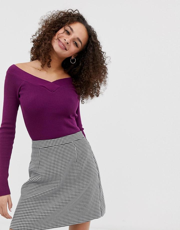 Brave Soul Skinny Rib Top With V Neck In Deep Berry-red
