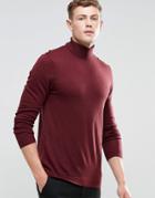 Asos Roll Neck Sweater In Merino Wool In Burgundy - Burgundy