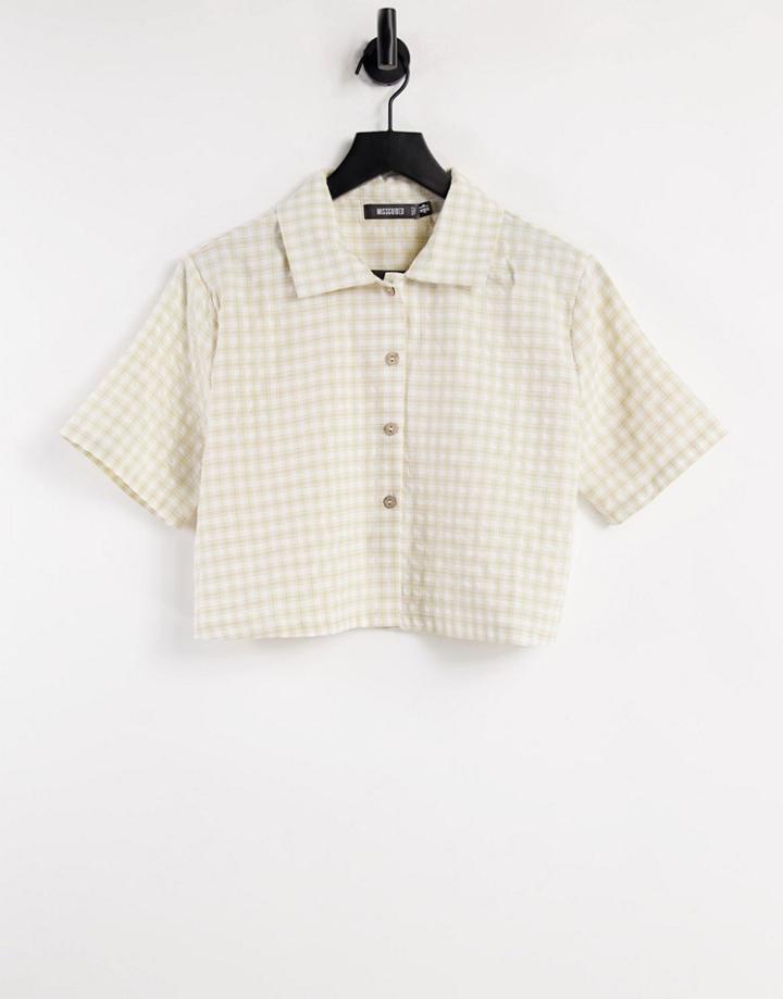 Missguided Linen Look Shirt In Cream Gingham - Part Of A Set-white