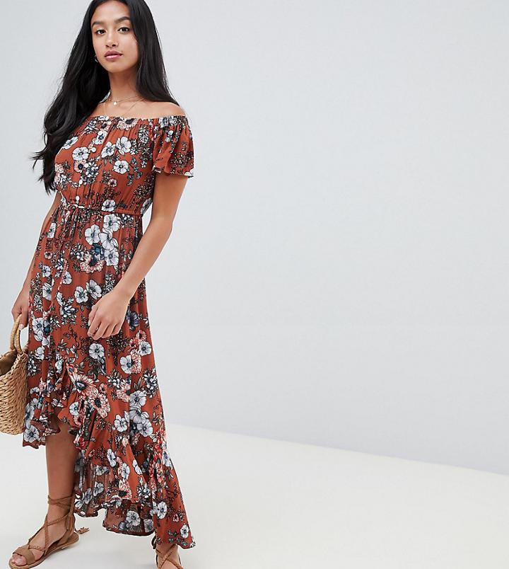 Sisters Of The Tribe Petite Button Front Bardot Dress With High Low Hem - Orange
