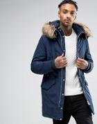 Pull & Bear Parka With Faux Fur Hood In Navy - Navy