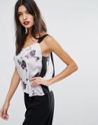 Asos Cami In Satin Floral Print With Contrast Straps - Multi