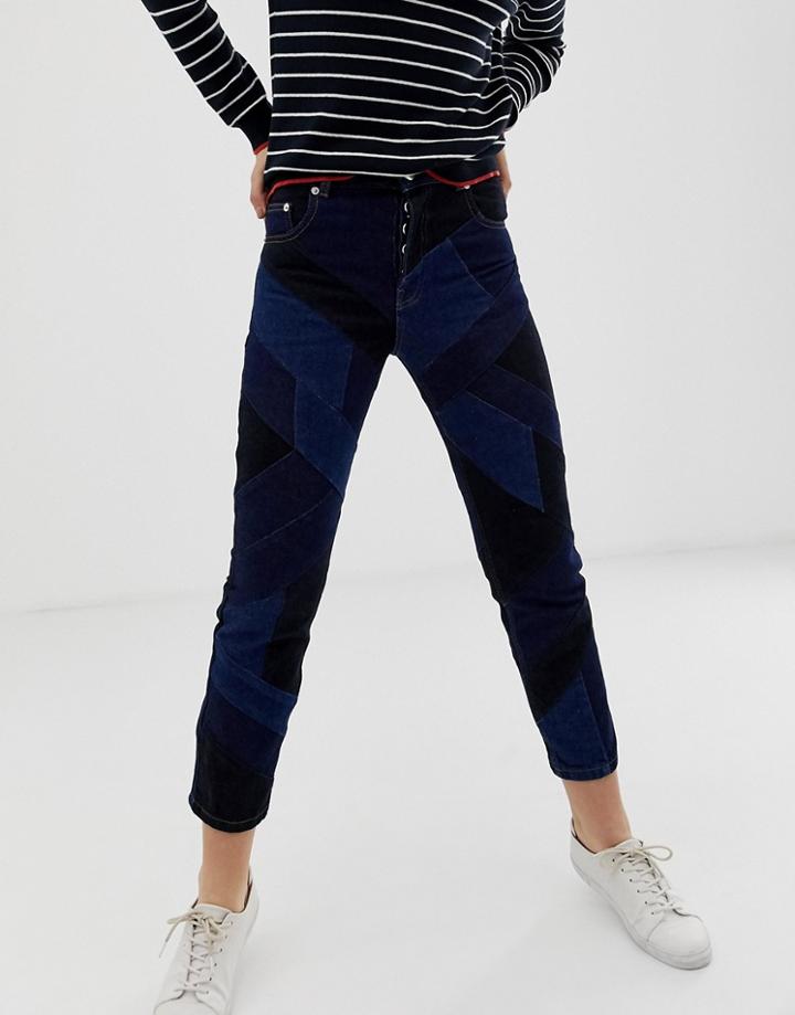 Asos Design Florence Authentic Straight Leg Jeans In With Cut About Patch Work Detail In Dark Wash - Blue